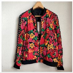 Zara Floral Bomber Jacket Front Zipper Front Pockets Stretch Hem Lined Size Small Hip Length New With Tags Size Small 20” Across Bust 23” Lenght D1 Spring Party Outerwear With Floral Print, Floral Print Long Sleeve Outerwear For Party, Chic Pink Floral Print Outerwear, Zara Multicolor Long Sleeve Outerwear, Zara Pink Party Outerwear, Pink Zara Party Outerwear, Pink Party Outerwear By Zara, Pink Zara Outerwear For Spring, Zara Spring Floral Print Outerwear