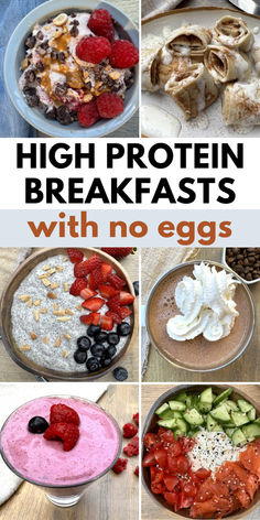 Images of high protein breakfasts with no eggs including cinnamon rolls, breakfast bowls, cottage cheese bowls and smoothies. Keto Breakfasts Without Eggs, Low Carb Protein Breakfast, Non Egg Protein Breakfast Ideas, High Protein Breakfast Ideas No Eggs, Low Carb High Protein Breakfast No Eggs, Protein Breakfast Ideas No Eggs, Simple Protein Breakfast Ideas, Protein Breakfast Without Eggs, Low Carb High Protein Recipes Breakfast