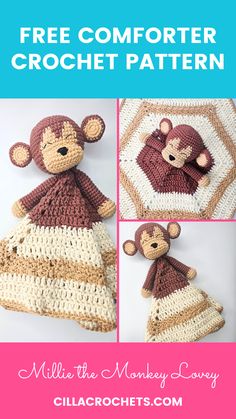 a crocheted monkey blanket with three pictures of it and the text, free comforter crochet pattern