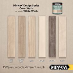 six different colors of wood with the names minwax design series color wash shown in whitewash