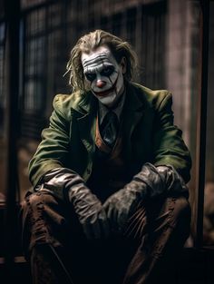 a man dressed as the joker sitting in front of a caged area with his hands on his knees