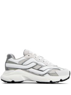 white/heather grey canvas/calf leather colour-block panelled design suede panelling mesh panelling metallic effect appliqué logo front lace-up fastening chunky rubber sole White Heather, Mesh Panel, Colour Block, Panel Design, Sneakers White, Low Top, Calf Leather, Lace Front, Top Sneakers