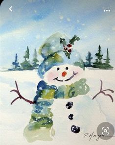 a painting of a snowman with trees in the background