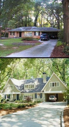 before and after photos of a house in the woods with trees on either side of it