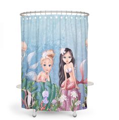 two little mermaids are sitting in the water shower curtain