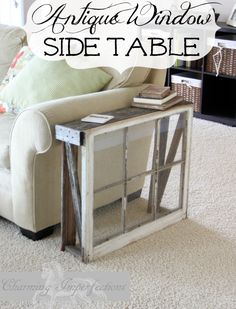 an old window side table in the living room with text overlay that reads, how to build an antique window side table