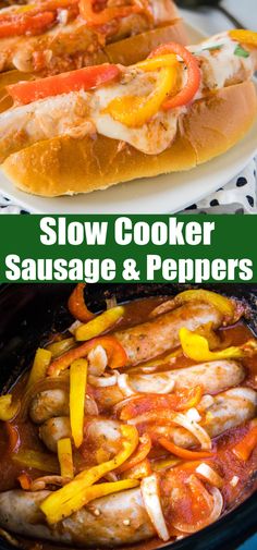 slow cooker sausages and peppers in a crock pot with text overlay