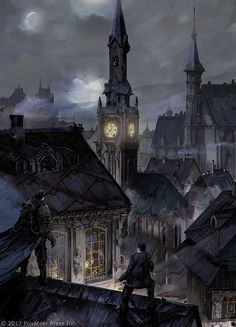 an image of a city at night with a clock tower in the distance and people standing on rooftops