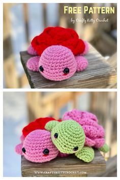 two crocheted stuffed animals sitting on top of each other