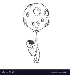 a cartoon bear holding on to a balloon with the moon in it's mouth