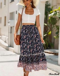 OliviaMark - Jupe de plage plissée en coton de qualité supérieure avec motif imprimé stylisé - idéale pour des vacances de rêve Goth Vintage, Elastic Skirt, Estilo Hippie, Tropical Escape, Pleated Long Skirt, Beach Skirt, Bohemian Beach, Retro Mode, Boho Skirts