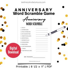 a printable word scramble game with gold confetti on it and a pen