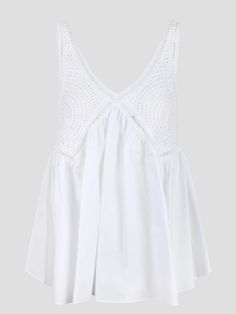 P. A. R. O. S. H cotton poplin and embroidered crochet top. - SS24 - Regular fit - V-neck - Sleeveless - Made in Italy - 100% Cotton Chic Sleeveless Tops With Broderie Anglaise, Daywear V-neck Top With Broderie Anglaise, Chic Cotton Embroidered V-neck Top, White Summer Tops With Cutwork Hem, V-neck Broderie Anglaise Top For Daywear, Chic V-neck Embroidered Cotton Top, Chic Cotton Crochet Top With Lace Trim, Summer V-neck Top With Broderie Anglaise, Chic Crochet Cotton Top With Lace Trim