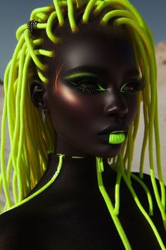 a woman with neon yellow hair and bright green eyeshades is shown in an artistic photo