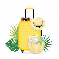 a yellow suitcase with sunglasses, hat and other items sitting on the ground next to palm leaves