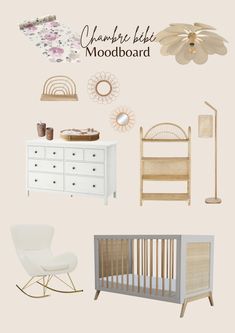 a baby's room with furniture and accessories in pastel tones, including a crib