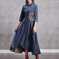 Classical dress with delicate embroidery elements Gender: Woman Season: Spring / Autumn Material: Denim Model info Height: 171cm B / W / H: 84cm / 58cm / 88cm Size: S [ Size Guid ] Size Length Shoulder Bust Waist Hem Sleeve Cuff S 125cm 38cm 90cm 72cm 318cm 40.0cm 26cm M 125cm 39cm 94cm 76cm 322cm 40.5cm 27cm L 125cm 41cm 98cm 80cm 326cm 41.0cm 28cm XL 125cm 42cm 102cm 84cm 330cm 41.5cm 29cm 2XL 125cm 43cm 106cm 88cm 334cm 42cm 30cm 3XL 125cm 44cm 110cm 92cm 338cm 42.5cm 31cm Note: Manual measur Non-stretch Buttoned Denim Dress For Fall, Casual Fitted Vintage Dress For Spring, Fitted Casual Vintage Dress For Spring, Spring A-line Dress With Embroidered Hem, Long Sleeve Denim Blue Dress With Buttons, Spring Cotton Midi Dress With Floral Embroidery, Denim Blue Buttoned Dress For Fall, Casual Long Floral Embroidery Dresses, Long-sleeve Denim Dress For Casual Spring Wear