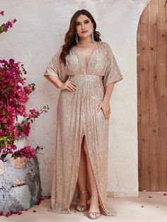 Plus Plunging Neck Batwing Sleeve Split Thigh Sequin Dress-FMGW460 - Yisikado – YISIKADO Rose Gold Dress Plus Size, Plus Size Floor Length Dress, Plus Size Glamour Dresses, Gold Formal Dress Plus Size, Plus Size Gold Dress, Midsize Formal Dress, Plus Size Gala Dress Classy, Plus Size Dresses To Wear To A Wedding, Gala Dresses Plus Size