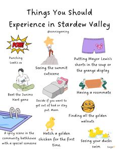 a poster with the words things you should experience in stardew valley