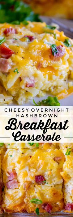 cheesy hashbrown breakfast casserole with ham and cheese on top