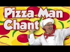 a woman in a chef's outfit holding up a sign that says pizza man chant