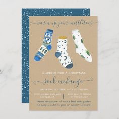 a card with three socks on it and the words merry stockings for a christmas party