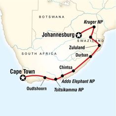 the route map for cape town and south africa with two different destinations, including one on top