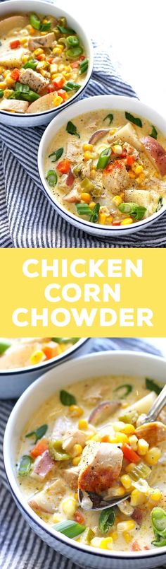 chicken corn chowder soup in two bowls with spoons