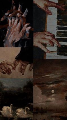 four different paintings depicting hands playing the piano