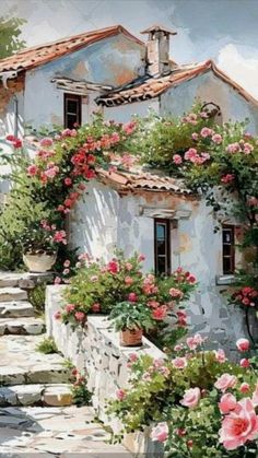 a painting of a house with flowers growing on the windows and steps leading up to it