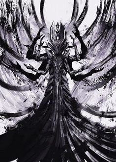 a black and white drawing of a demon with large wings on it's back