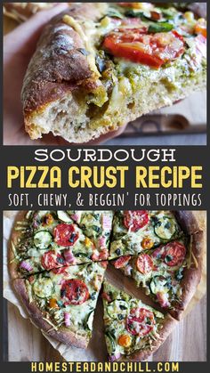 the recipe for sourdough pizza crust is shown in three different pictures, including one with