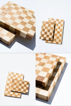 four different views of a wooden chess board