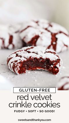 gluten - free red velvet crinkle cookies with powdered sugar on top