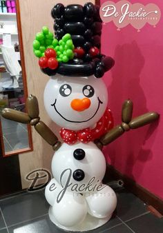 an inflatable snowman wearing a top hat and scarf with grapes on his head