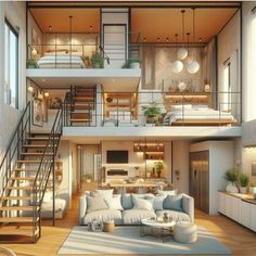 an artist's rendering of a living room with stairs leading to the second floor