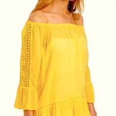 Fever Clothing Lemon Yellow Boho Blouse With Crochet. Size Small Bell Sleeves, Lightweight And Airy Top. Can Be Worn Off Shoulder Or On Shoulder. Size: S Small Material: 100% Rayon Armpit To Armpit Across: 20” (40) Length: 24” Condition: Nwt New With Tags Smoke Free Home Fast Shipping ~ Shipped Same/Next Day Sorry No Trades Or Holds Bundle Discount B11 Summer Long Sleeve Crochet Top For Day Out, Summer Tops With Crochet Trim For Brunch, Spring Tops With Crochet Trim, Summer Tops With Crochet Trim For Spring, Chic Spring Crochet Top For Daywear, Chic Crochet Top For Spring Daywear, Chic Crochet Top For Spring, Crochet Trim Tops For Summer Brunch, Yellow Tops With Crochet Trim For Spring