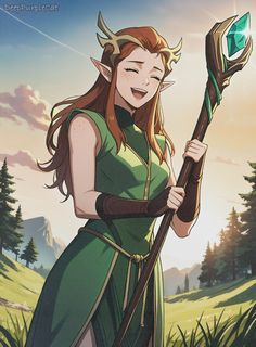 a woman with long hair holding a green and gold staff in front of a field