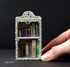 a hand is holding a miniature book shelf