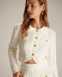 The White Lapel Ribbed Button Cable Cardigan & Reviews - White - Tops | RIHOAS Knit Suits, Elastic Skirt, Tailored Clothes, Cable Cardigan, Ribbed Cardigan, Knit Skirt, Work Fashion, Party Fashion, White Skirts