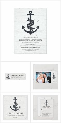 the wedding stationery is shown with an anchor on it and two photos in black