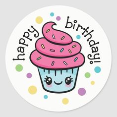 a happy birthday cupcake sticker with pink frosting and sprinkles