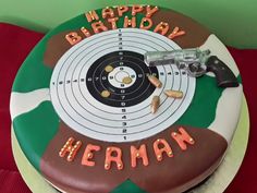 Camo cake with gun revolver bullets target shooting Camo Cake, 50th Cake, Boy Cake, Cakes For Boys, 10th Birthday, Birthday Boy, Cake Inspiration, How To Make Cake, Birthday Cakes