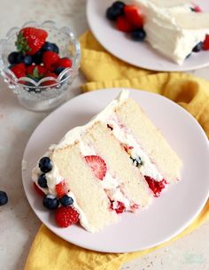 two slices of cake on plates with strawberries and blueberries