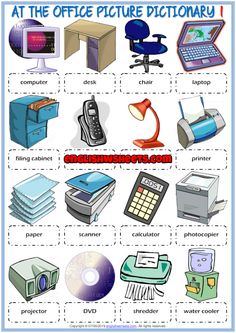 an image of different types of office items in english and spanish language, with the words at