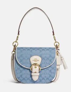 Signature chambray and smooth leatherInside multifunction pocketSnap closure, fabric liningDetachable handle with 9 1/4" dropOutside zip pocketDetachable strap with 22 1/2" drop for shoulder or crossbody wear9" (L) x 8" (H) x 3 1/4" (W)Style No. C8514Color: Light Denim / Chalk Coach Kleo Shoulder Bag, Coach Zip Top Tote, Chloe Bags Handbags, Casual Purse, Handbag Heaven, Leather Denim, Bag Light, Girls Bags, Light Denim