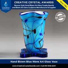 Blue art glass vase award hand blown art glass vase trophy decorative art glass vase centerpiece Murano style art glass vase sculpture Murano glass vase decorative glass vase art glass blue vase artistic glass vase blue wave art glass vase large glass vase decor Glass Vase Centerpiece, Vase Sculpture, Vase Centerpiece, Glass Flower Vase, Vase Glass