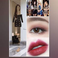 a collage of photos with red lipstick and other things in the background, including a mannequin's head