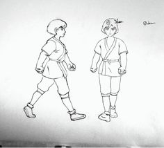 a drawing of two people walking side by side, one in a robe and the other in shorts