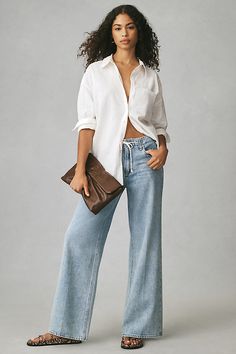 60% cotton, 40% lyocell Five-pocket styling Front zip Machine wash Imported | Zoe High-Rise Tie-Waist Wide-Leg Jeans by PAIGE in Blue, Women's, Size: 30, Cotton/Lyocell at Anthropologie Anthropologie Outfits, Anthropologie Clothing, Jeans Outfit Women, Outfit Women, Jeans Outfit, 50 Fashion, Bottom Clothes, Leisure Wear, Wide Leg Jeans